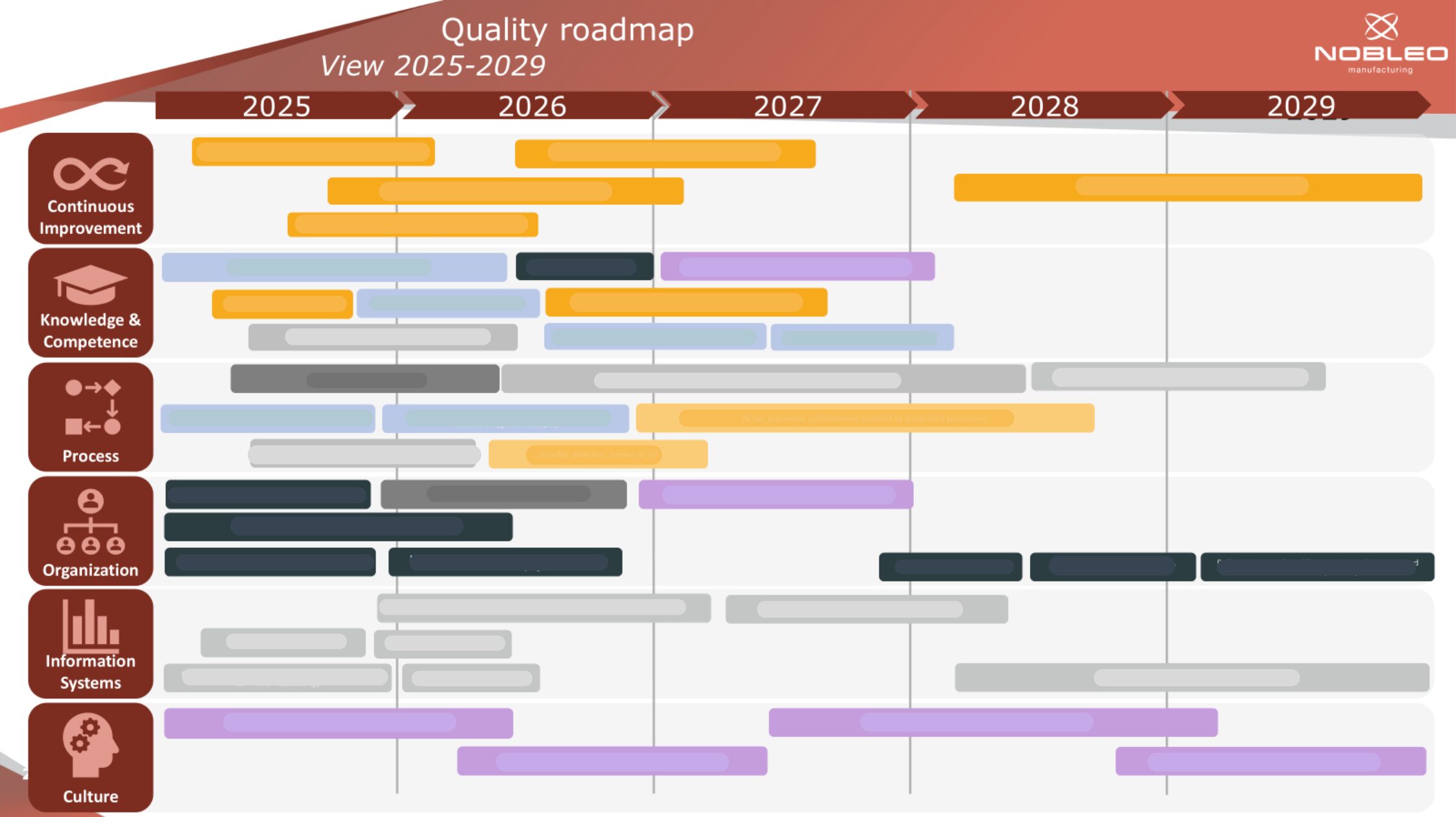 Quality Roadmap 2025-2029 with six recurring phases: continuous improvement, knowledge & competence, process, organisation, information systems and culture, recurring each year.